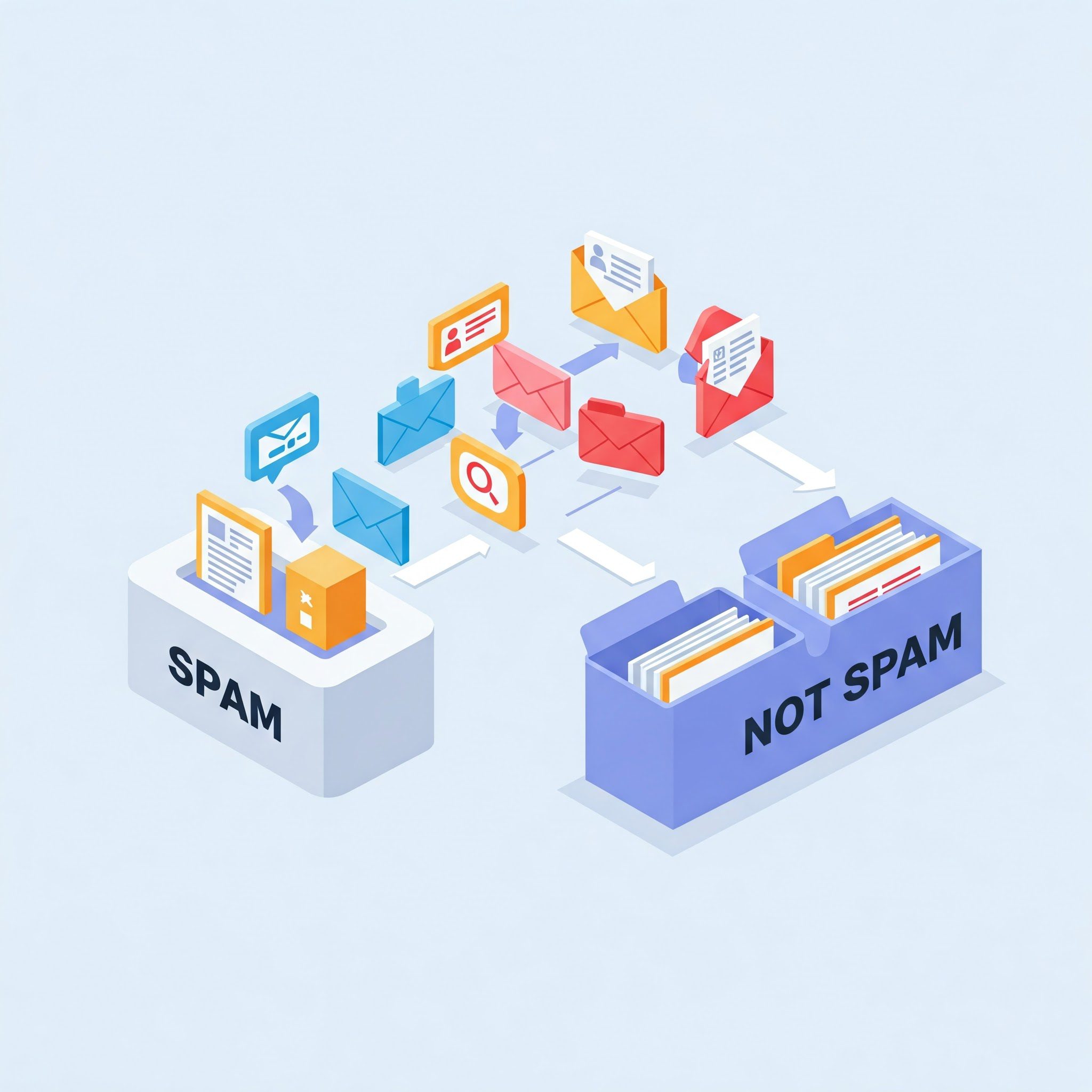 Ícones de e-mail sendo separados em spam/não spam por IA