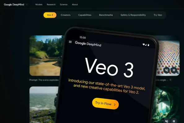 nterface da ferramenta Google Veo 3 de geração de vídeo e áudio por IA, mostrando campo de prompt e opções de personalização