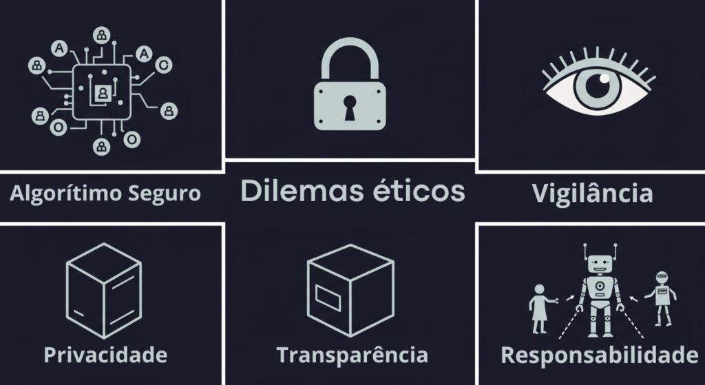 Colagem de ícones simbolizando os desafios éticos da Inteligência Artificial como viés, privacidade e transparência.
