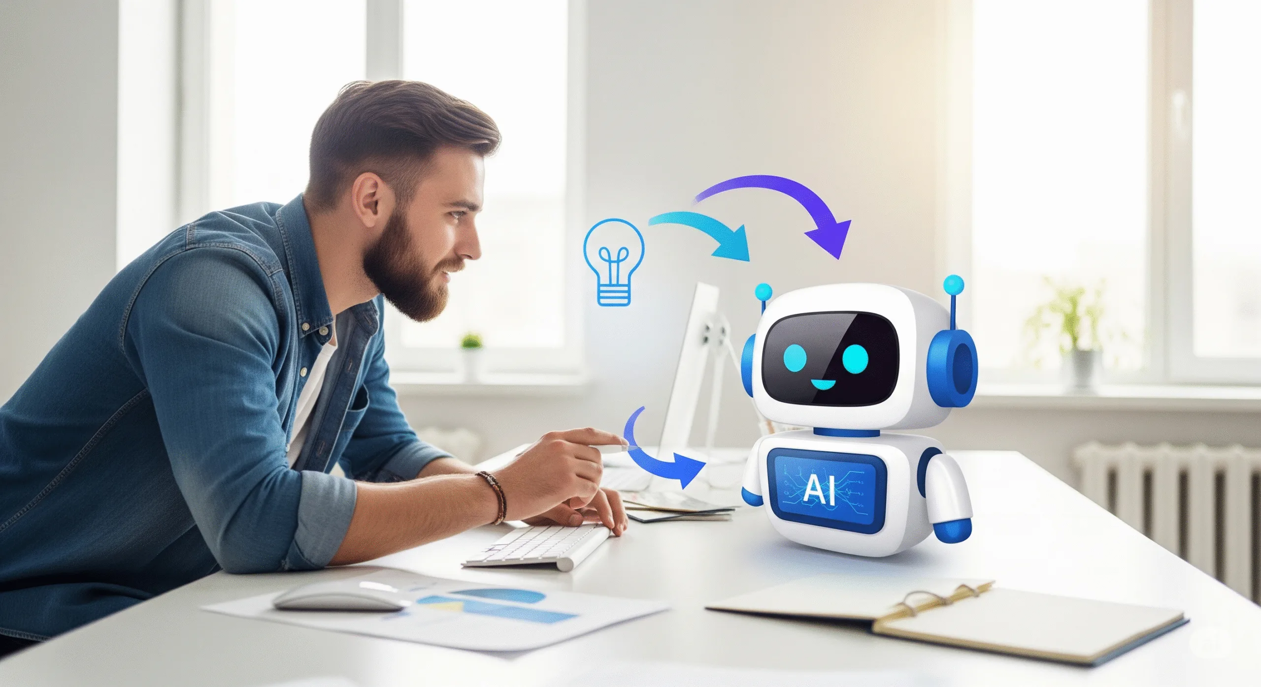 Profissional utilizando Inteligência Artificial como copiloto para otimizar o trabalho e alcançar melhores resultados em 2025.
