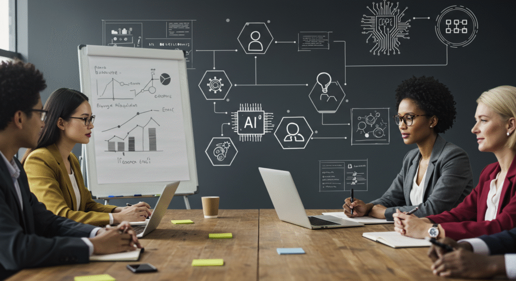 Profissionais de diversas áreas discutindo e planejando estratégias de ética em Inteligência Artificial