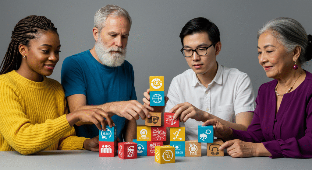 Mãos diversas colaborando para construir um futuro ético e responsável para a Inteligência Artificial.