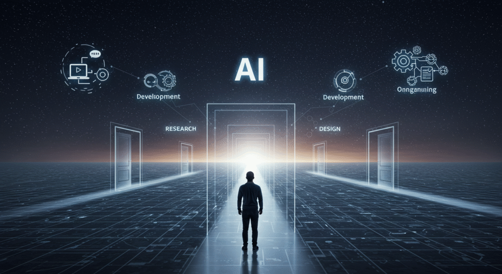 Pessoa observando um horizonte digital com diversos caminhos e oportunidades de estudo e carreira em Inteligência Artificial.