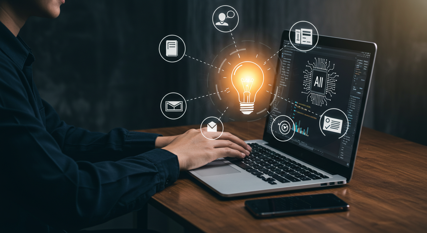 Pessoa estudando Inteligência Artificial com laptop e recursos de aprendizado ao redor