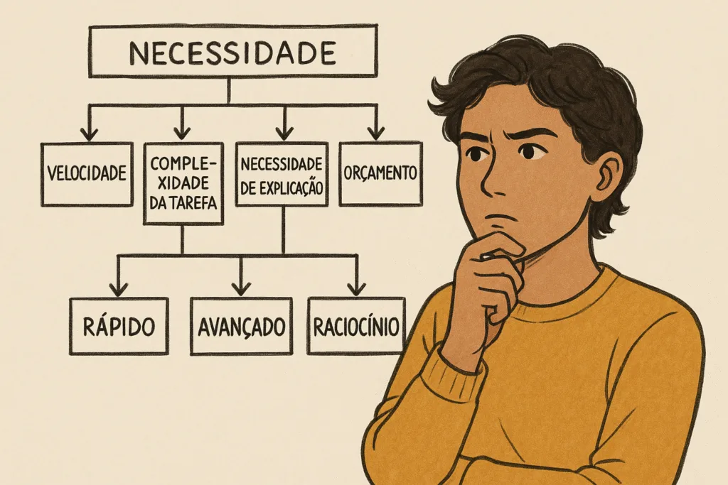 Fluxograma interativo ajudando a escolher o tipo ideal de modelo de Inteligência Artificial conforme a necessidade do usuário.